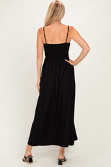 Black Pom Pom Strap Smocked Maxi Dress