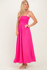 Hot Pink Pom Pom Strap Smocked Maxi Dress