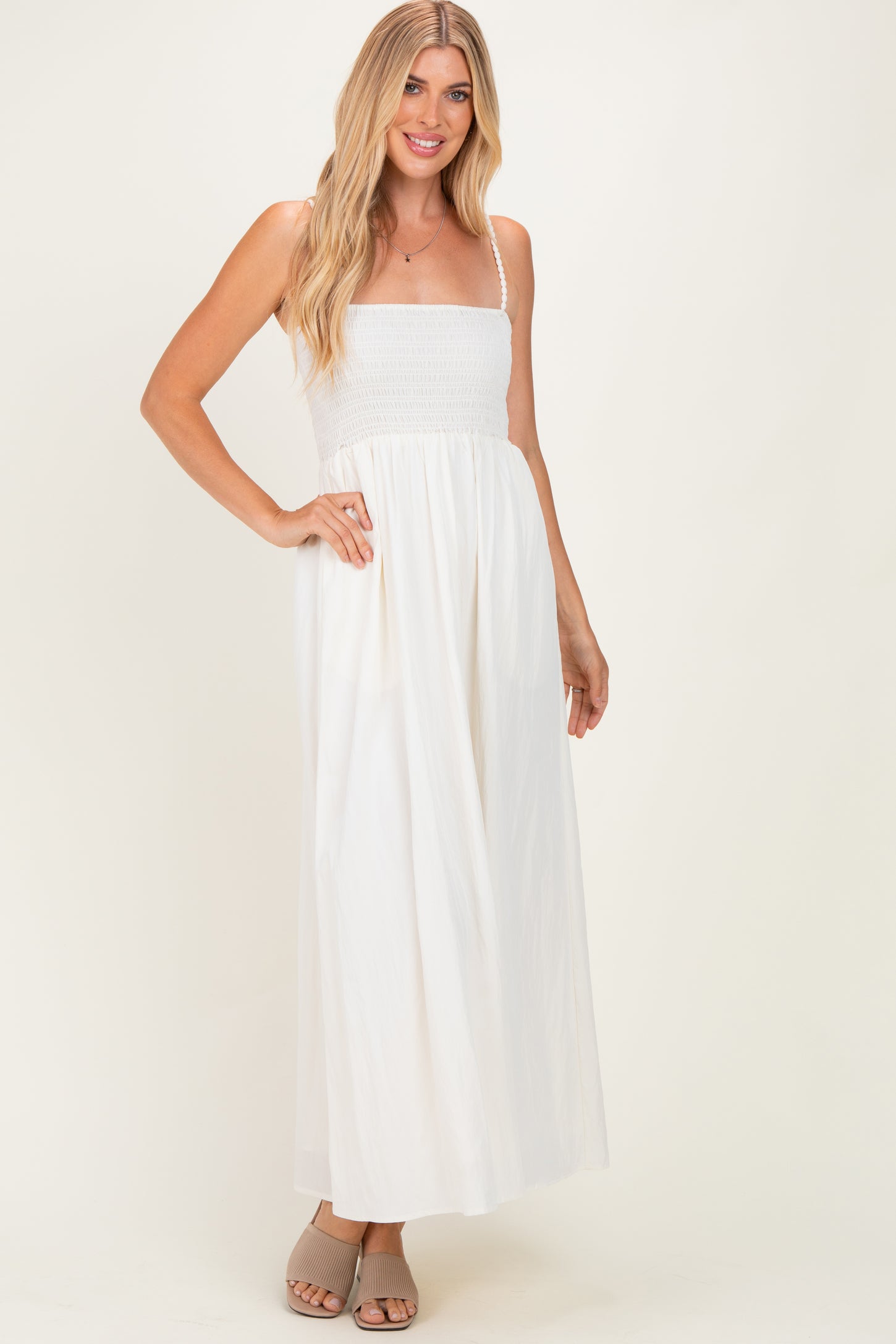 Off White Pom Pom Strap Smocked Maxi Dress