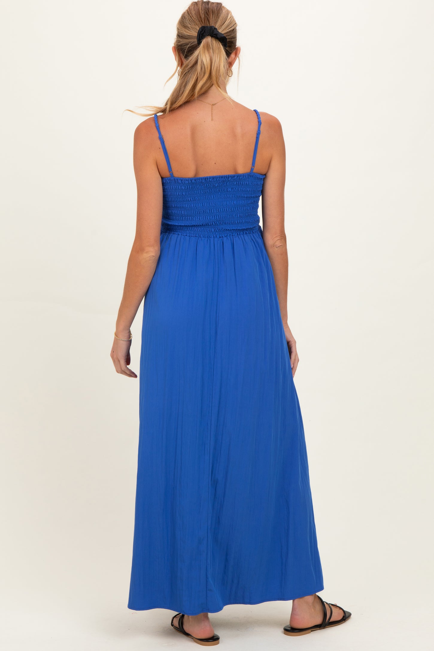 Capri Blue Pom Pom Strap Smocked Maternity Maxi Dress