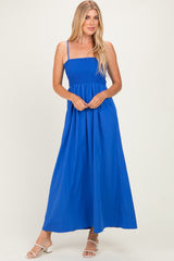 Capri Blue Pom Pom Strap Smocked Maxi Dress
