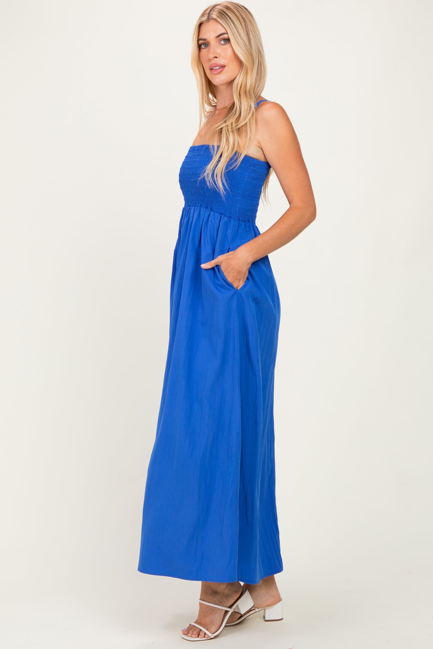 Capri Blue Pom Pom Strap Smocked Maxi Dress