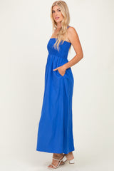 Capri Blue Pom Pom Strap Smocked Maxi Dress