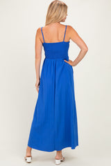 Capri Blue Pom Pom Strap Smocked Maxi Dress