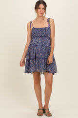 Navy Floral Shoulder Tie Tiered Maternity Mini Dress