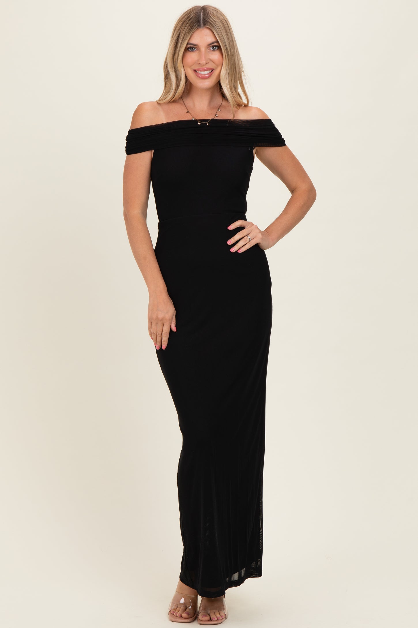 Black Off Shoulder Mesh Maxi Dress