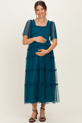 Teal Ruffled Mesh Maternity Maxi Dress
