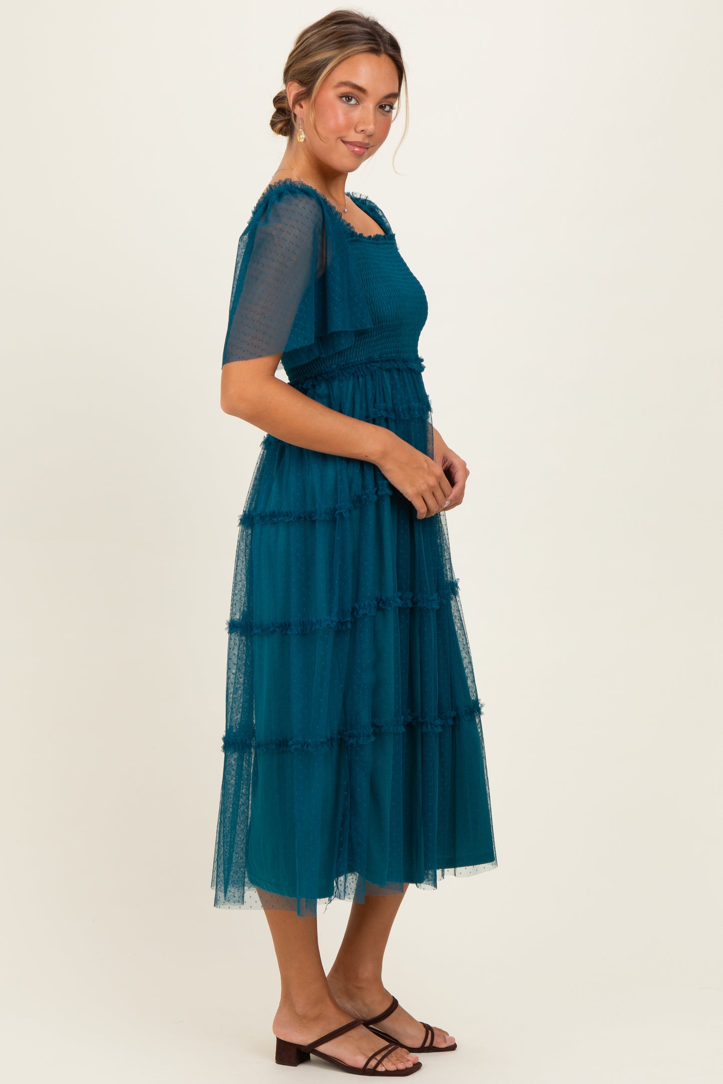 Teal Ruffled Mesh Maxi Dress