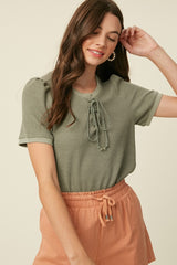 Olive Waffle Knit Lace-Up Top