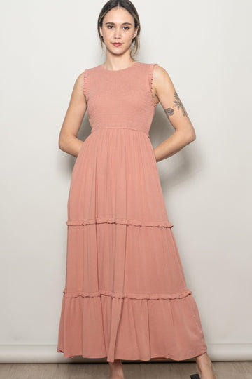 Mauve Smocked Sleeveless Tiered Maxi Dress