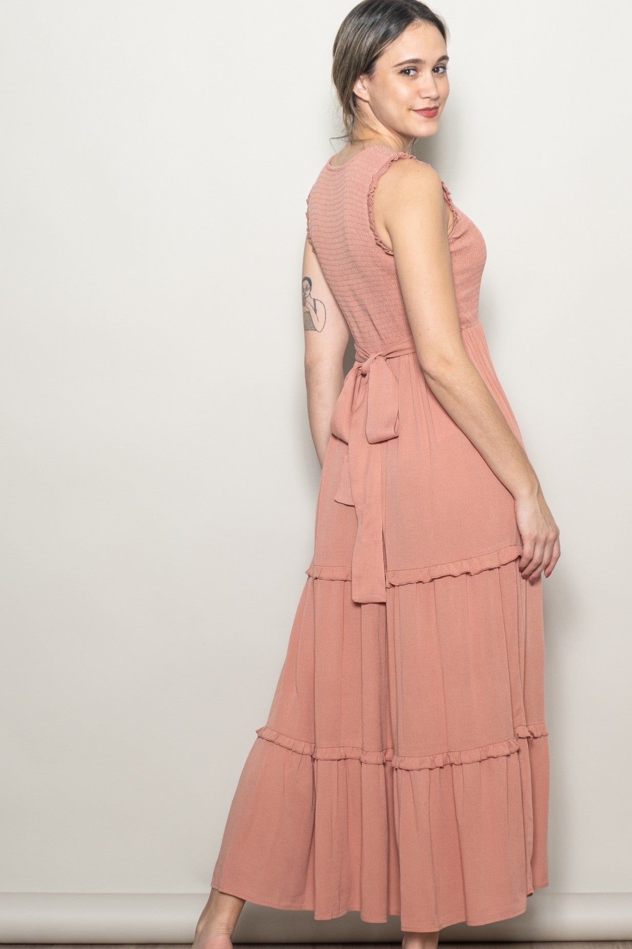 Mauve Smocked Sleeveless Tiered Maxi Dress