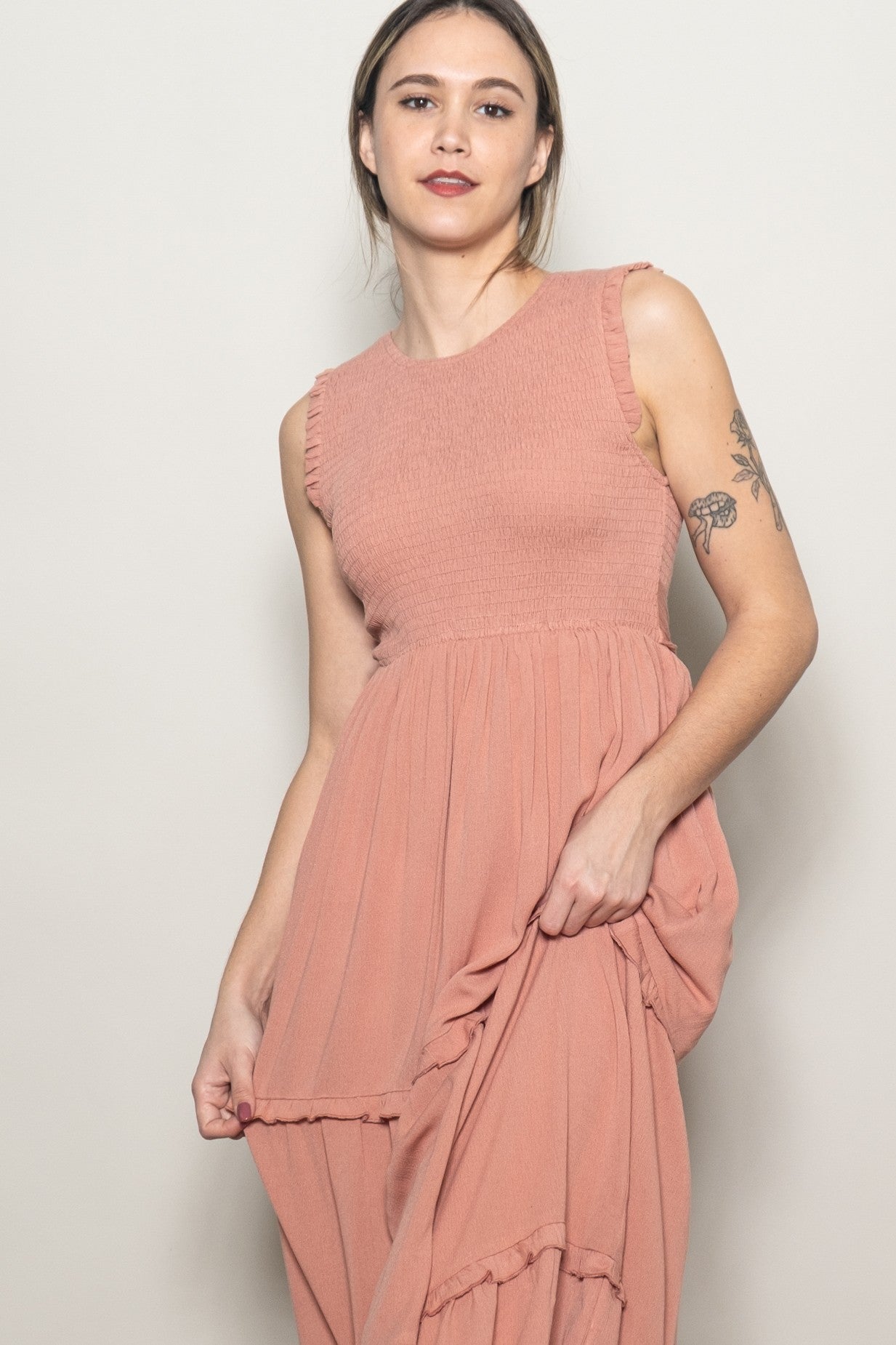 Mauve Smocked Sleeveless Tiered Maxi Dress