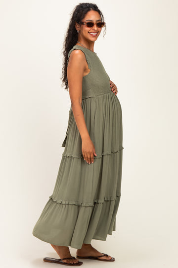 Olive Smocked Sleeveless Tiered Maternity Maxi Dress