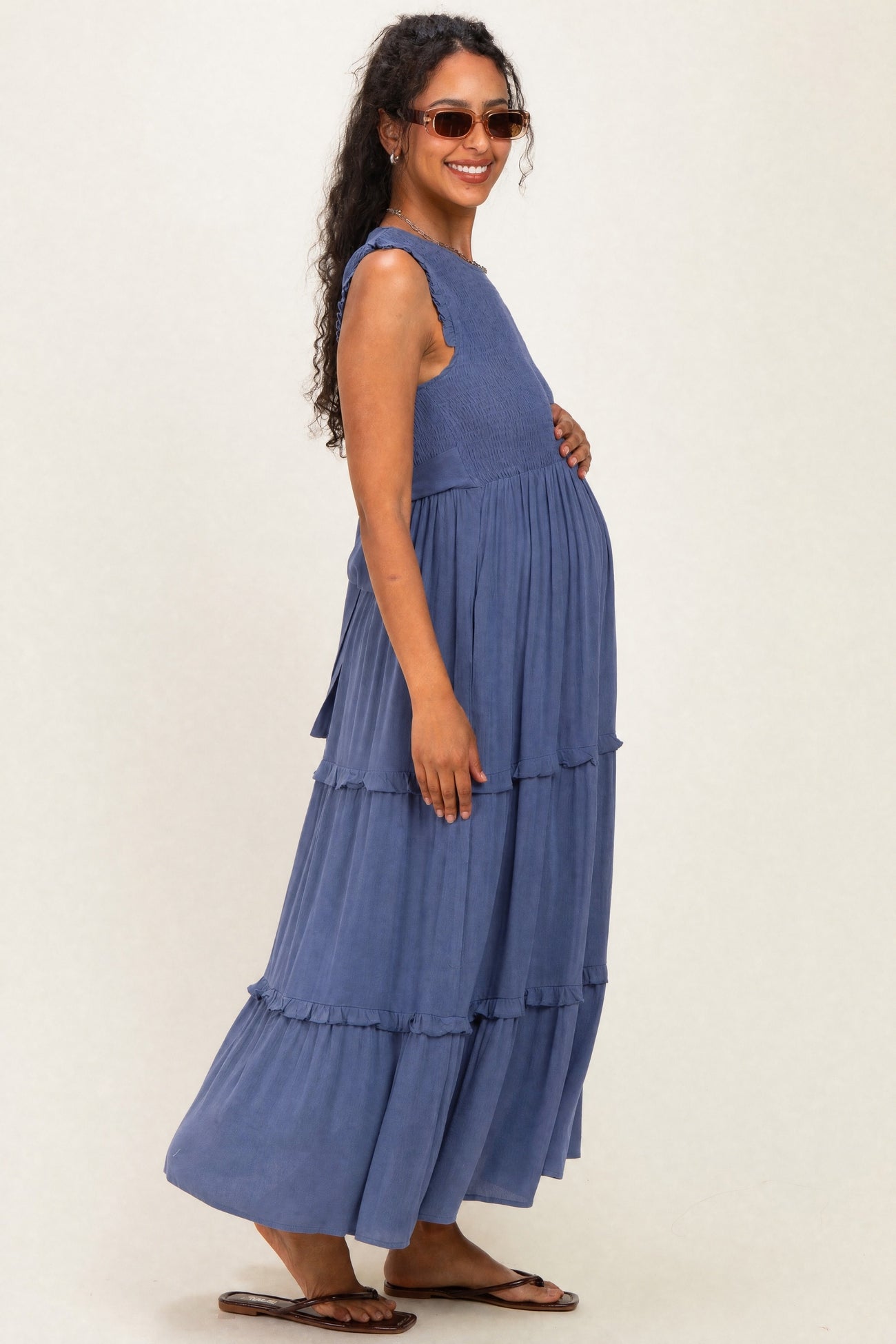 Light Navy Smocked Sleeveless Tiered Maternity Maxi Dress