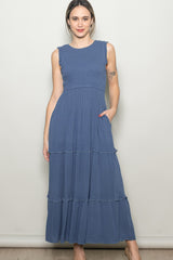 Light Navy Smocked Sleeveless Tiered Maternity Maxi Dress