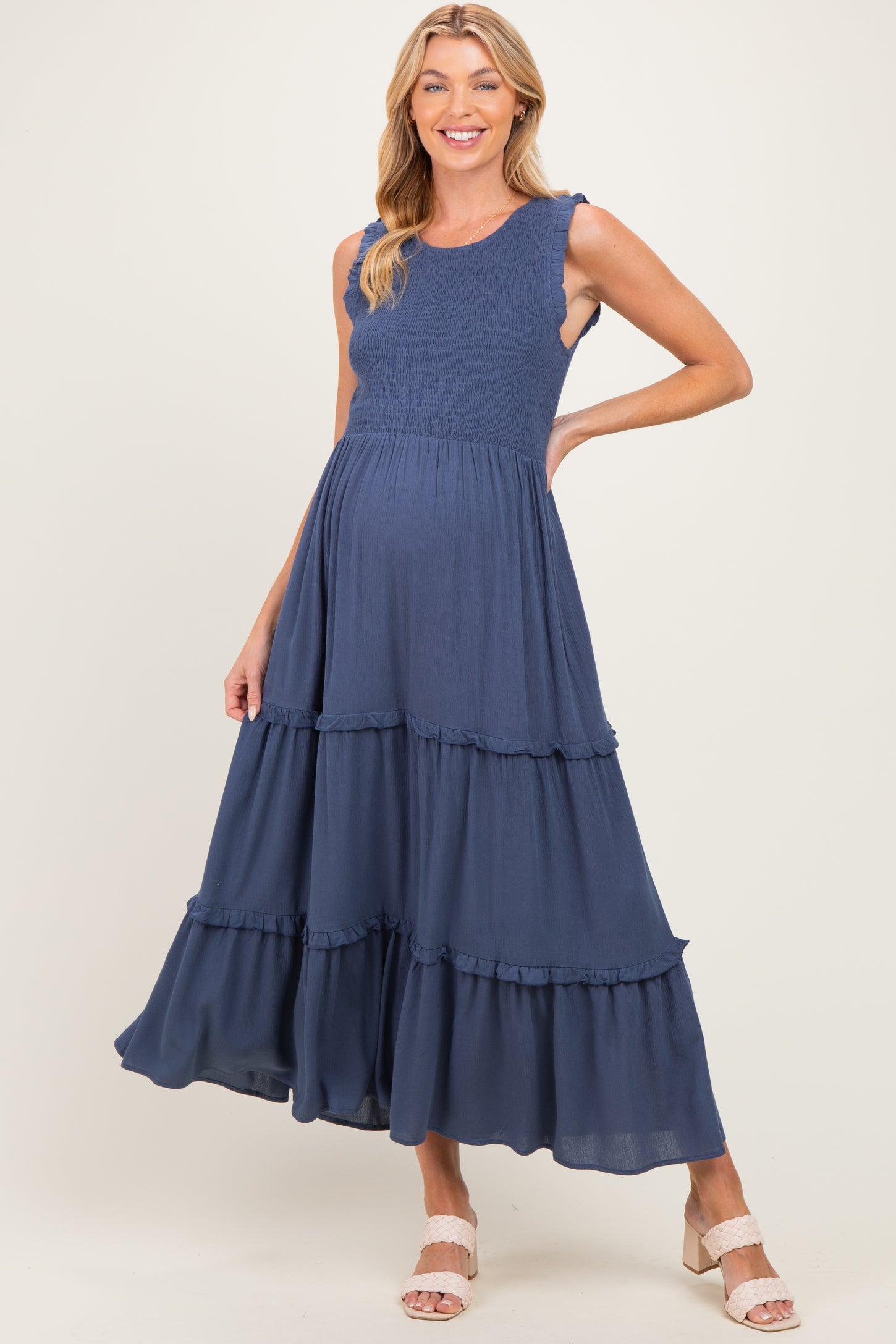 Light Navy Smocked Sleeveless Tiered Maternity Maxi Dress