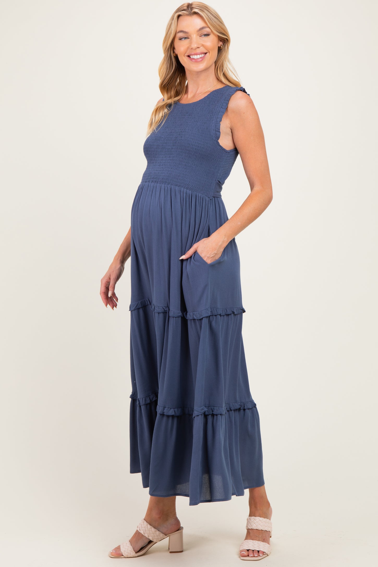 Light Navy Smocked Sleeveless Tiered Maternity Maxi Dress