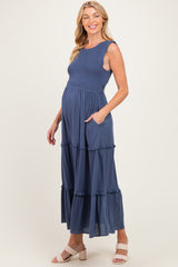 Light Navy Smocked Sleeveless Tiered Maternity Maxi Dress