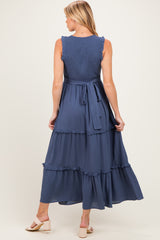Light Navy Smocked Sleeveless Tiered Maternity Maxi Dress