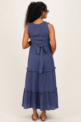 Light Navy Smocked Sleeveless Tiered Maternity Maxi Dress