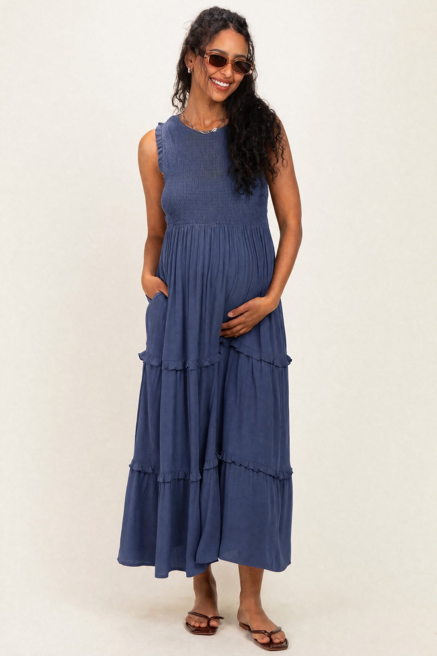 Light Navy Smocked Sleeveless Tiered Maternity Maxi Dress