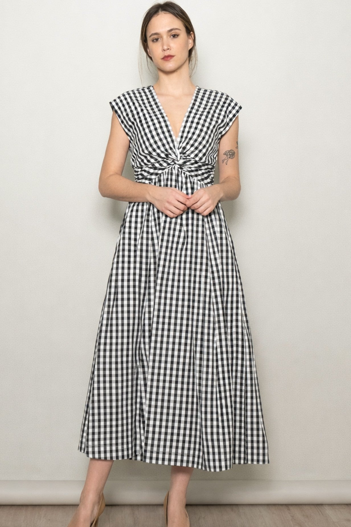Black Gingham Twist Front Maternity Midi Dress