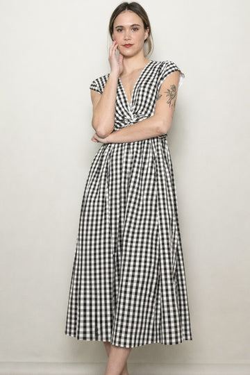 Black Gingham Twist Front Midi Dress