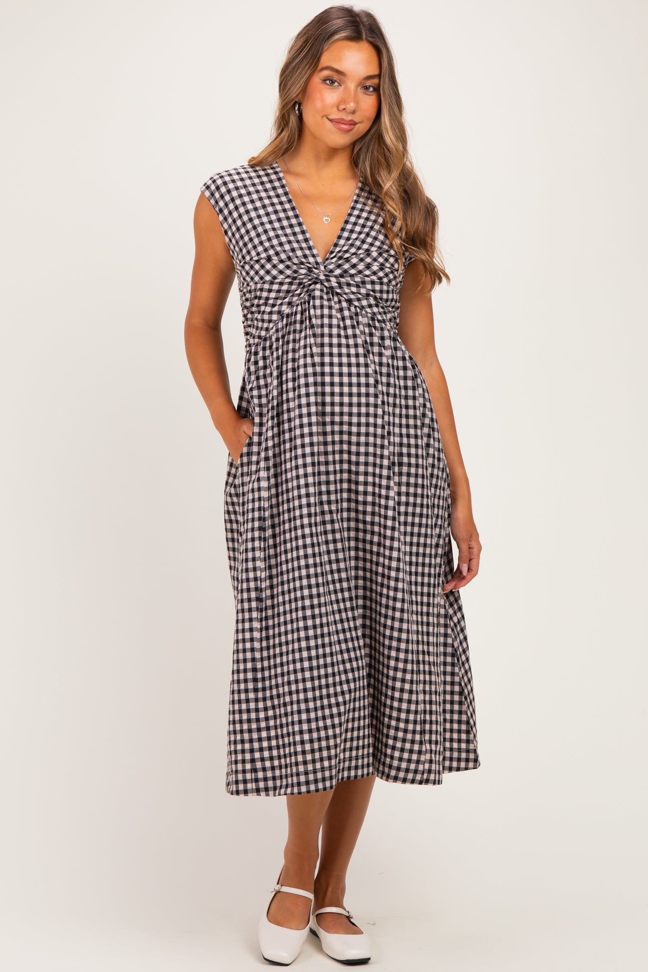 Black Gingham Twist Front Maternity Midi Dress