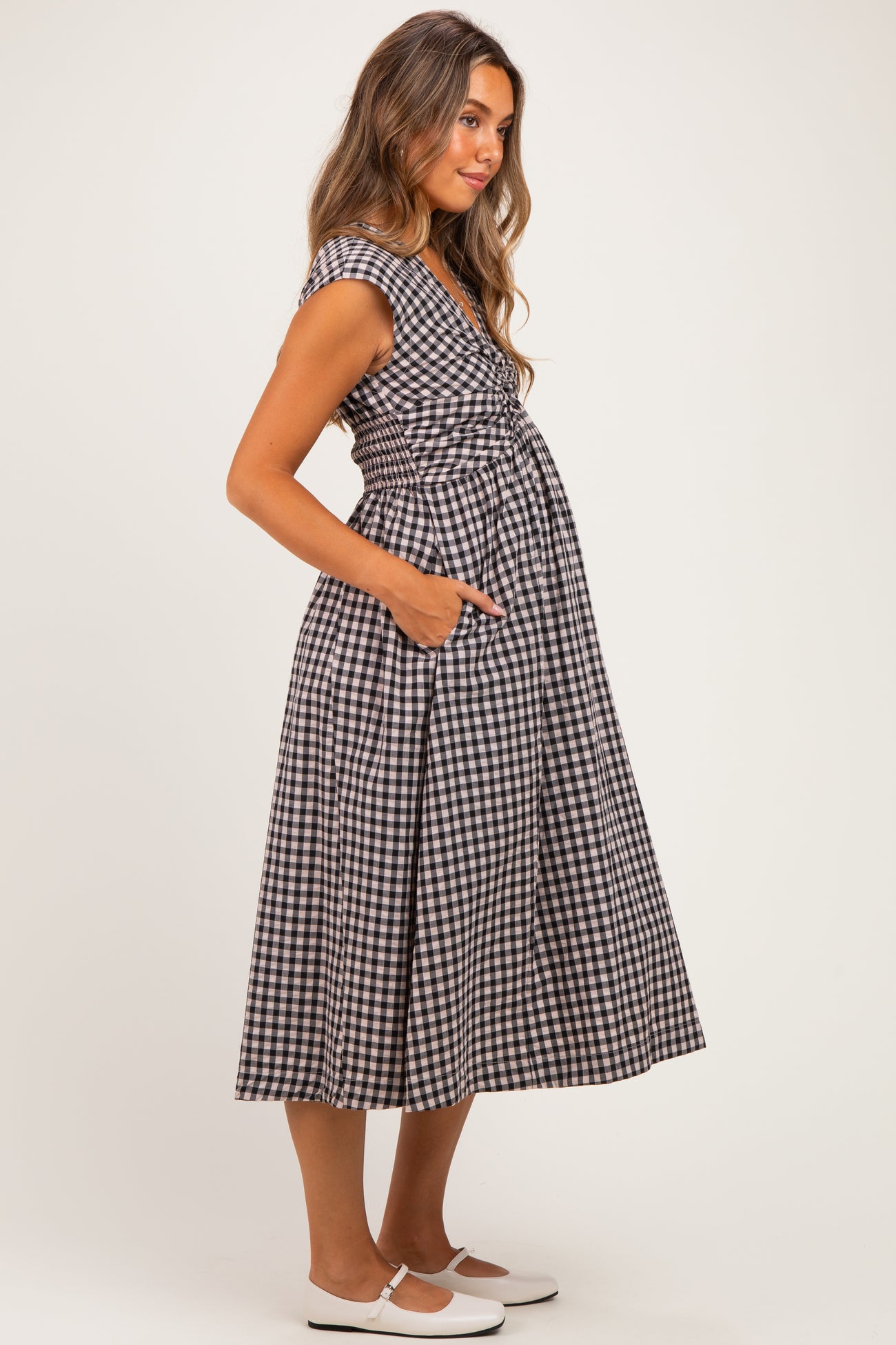 Black Gingham Twist Front Maternity Midi Dress