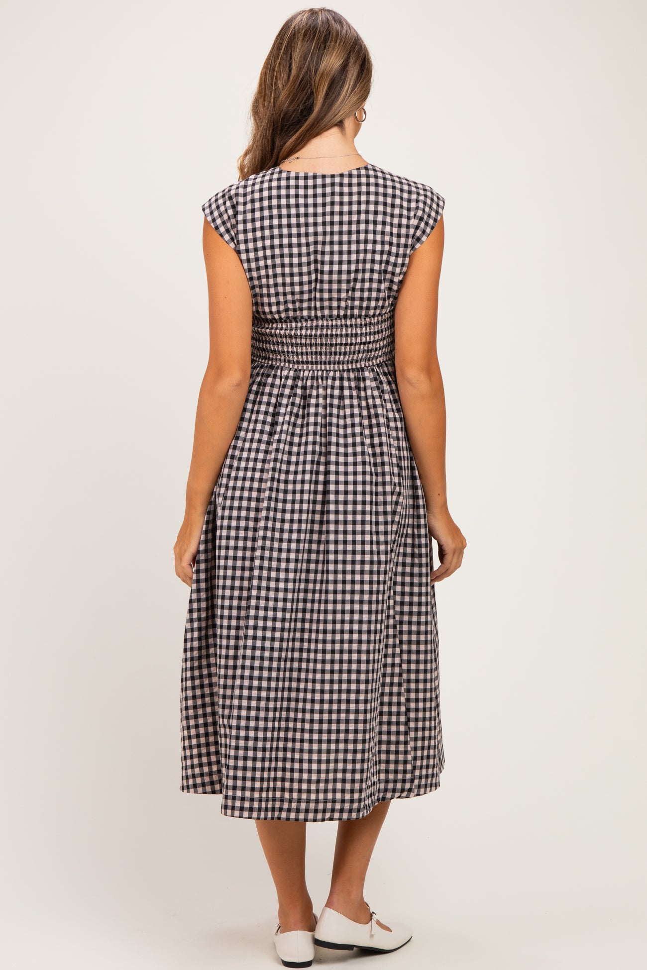 Black Gingham Twist Front Maternity Midi Dress