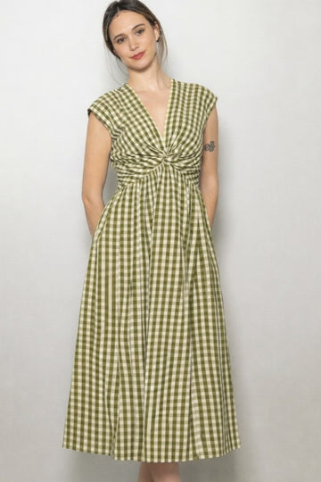Olive Gingham Twist Front Midi Dress