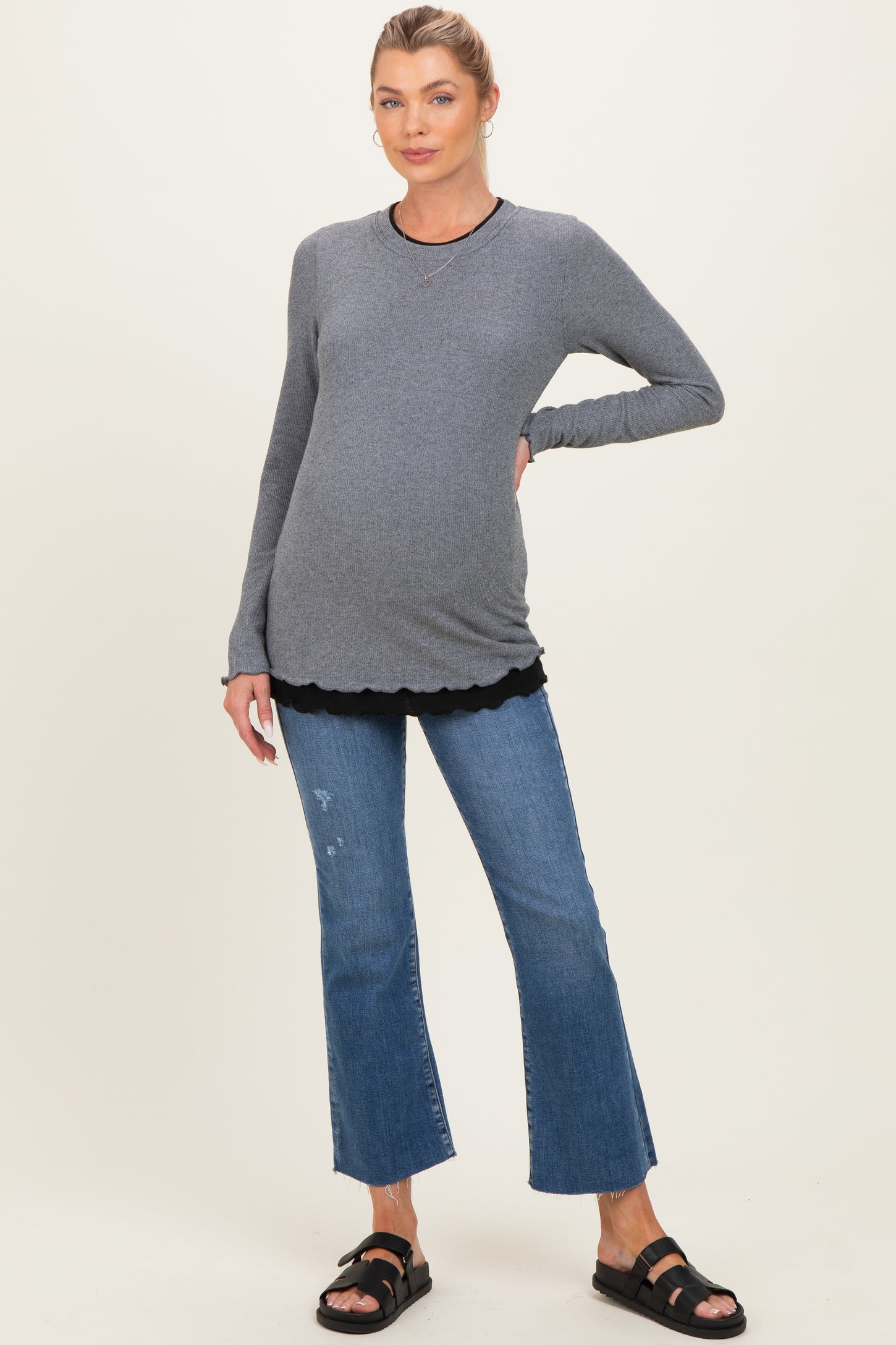 Charcoal/Black Ribbed Long Sleeve Maternity Twofer Top