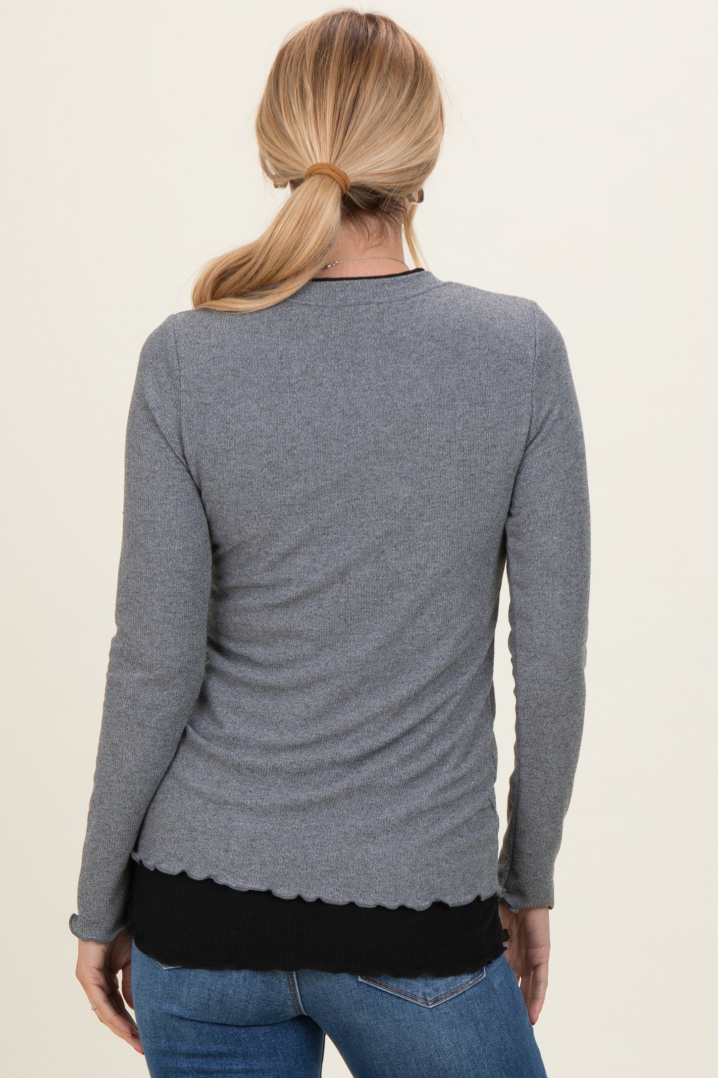 Charcoal/Black Ribbed Long Sleeve Twofer Top