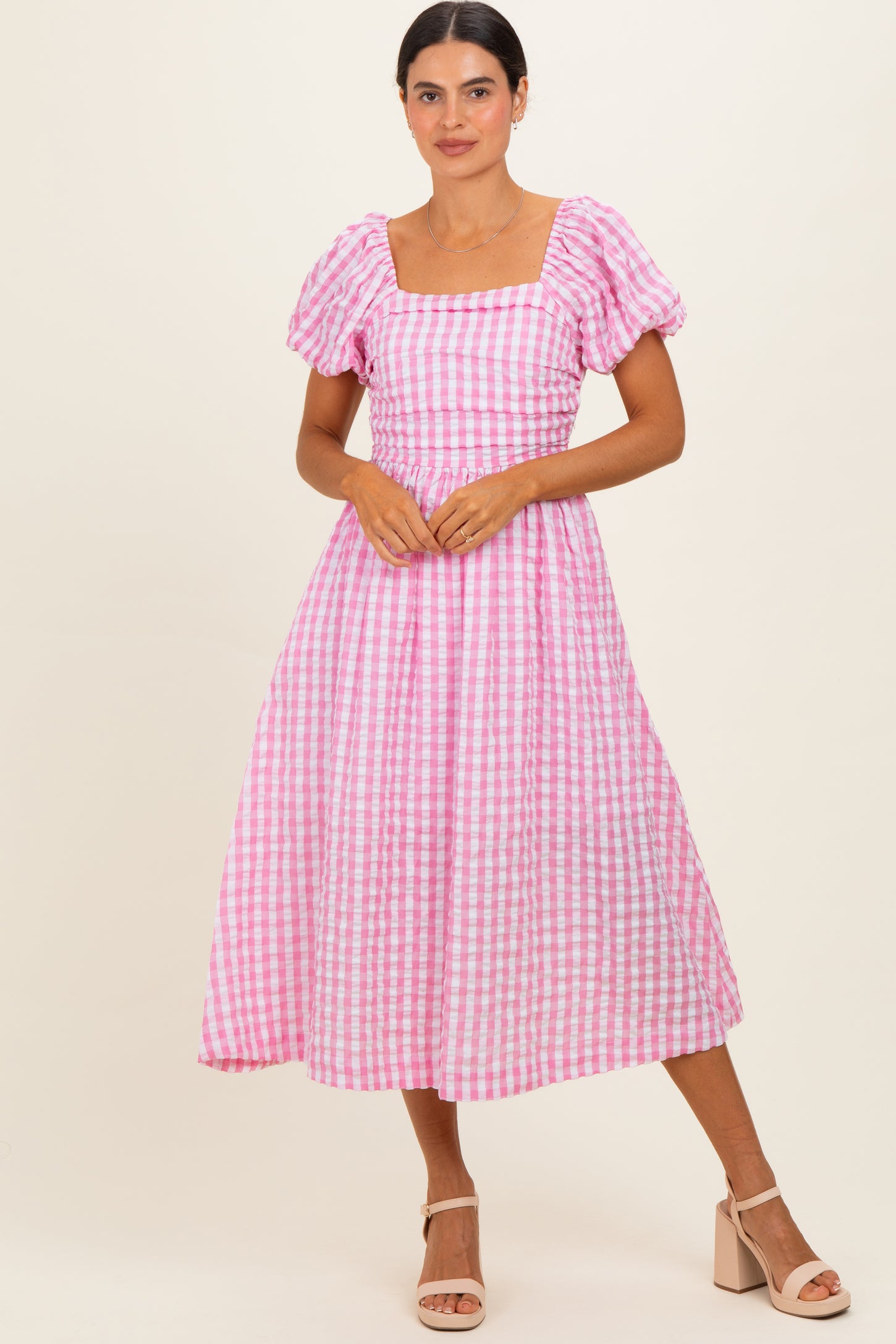 Pink Gingham Puff Sleeve Midi Dress