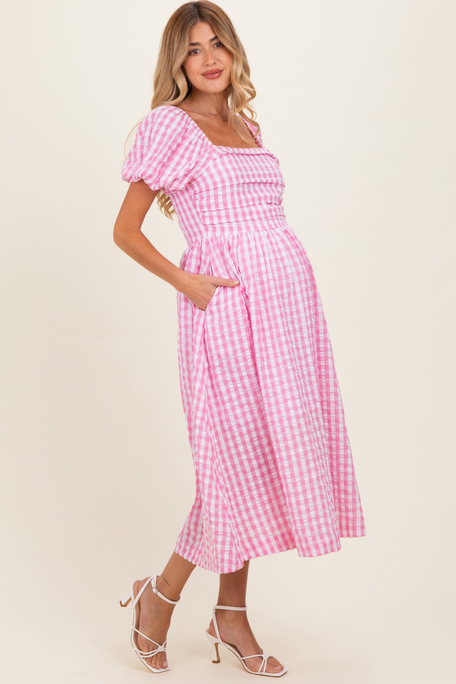 Pink Gingham Puff Sleeve Maternity Midi Dress