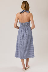 Navy Gingham Halter Neck Midi Dress