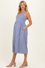 Navy Gingham Halter Neck Maternity Midi Dress