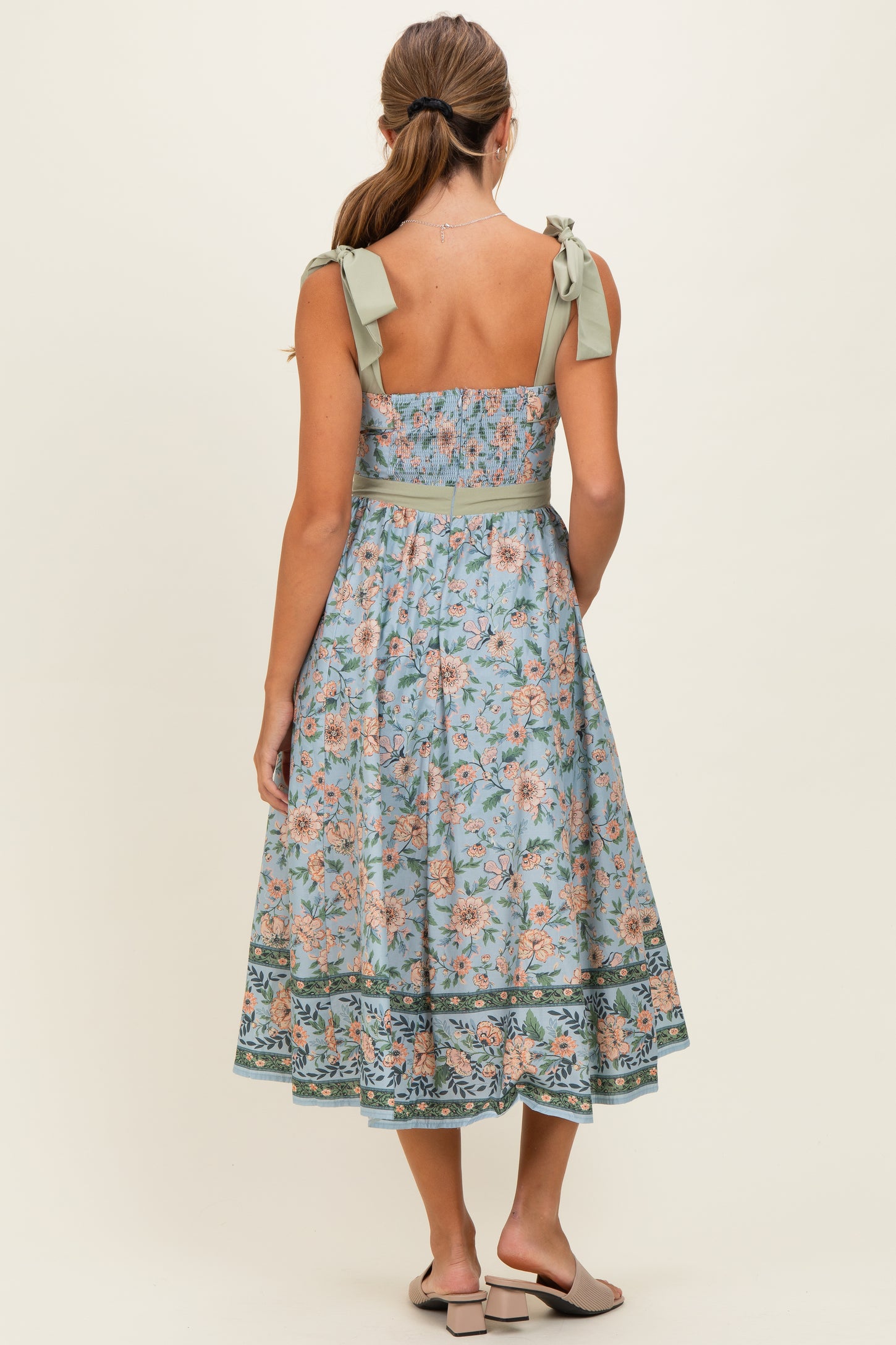 Dusty Blue Floral Shoulder Tie Button Down Midi Dress