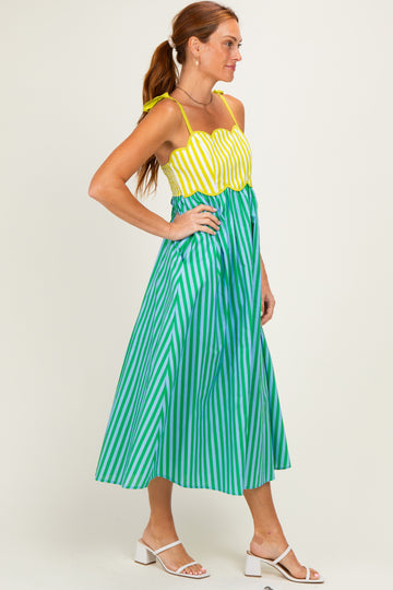 Kiwi Striped Colorblock Scallop Detail Midi Dress