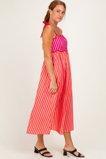 Red Striped Colorblock Scallop Detail Midi Dress