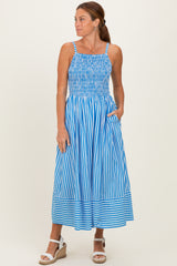 Blue Striped Smocked Midi Dress