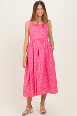 Pink Polka Dot Sleeveless Maternity Midi Dress