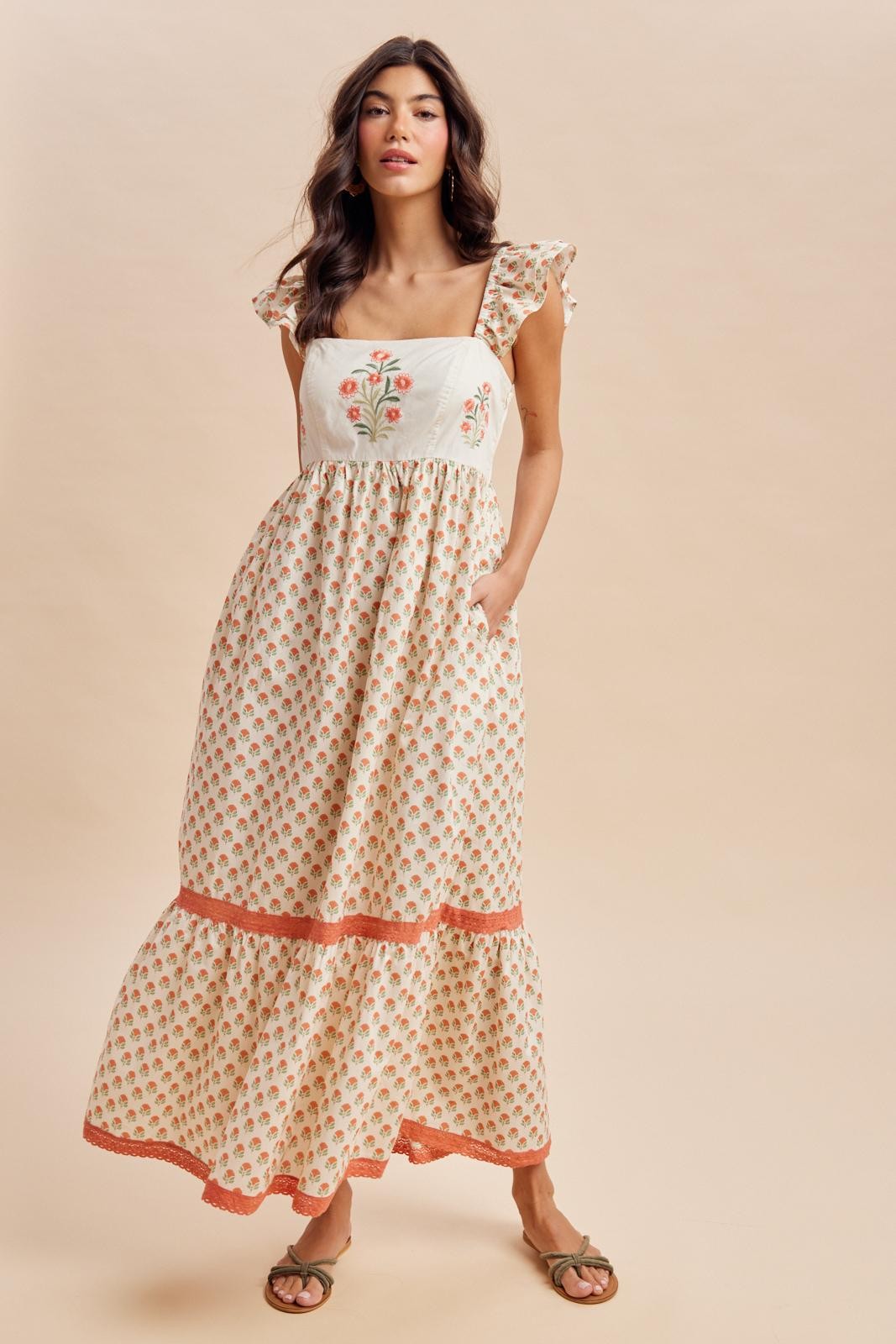 Coral Floral Embroidered Maternity Maxi Dress