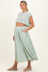 Sage Crop Top Midi Skirt Maternity Set
