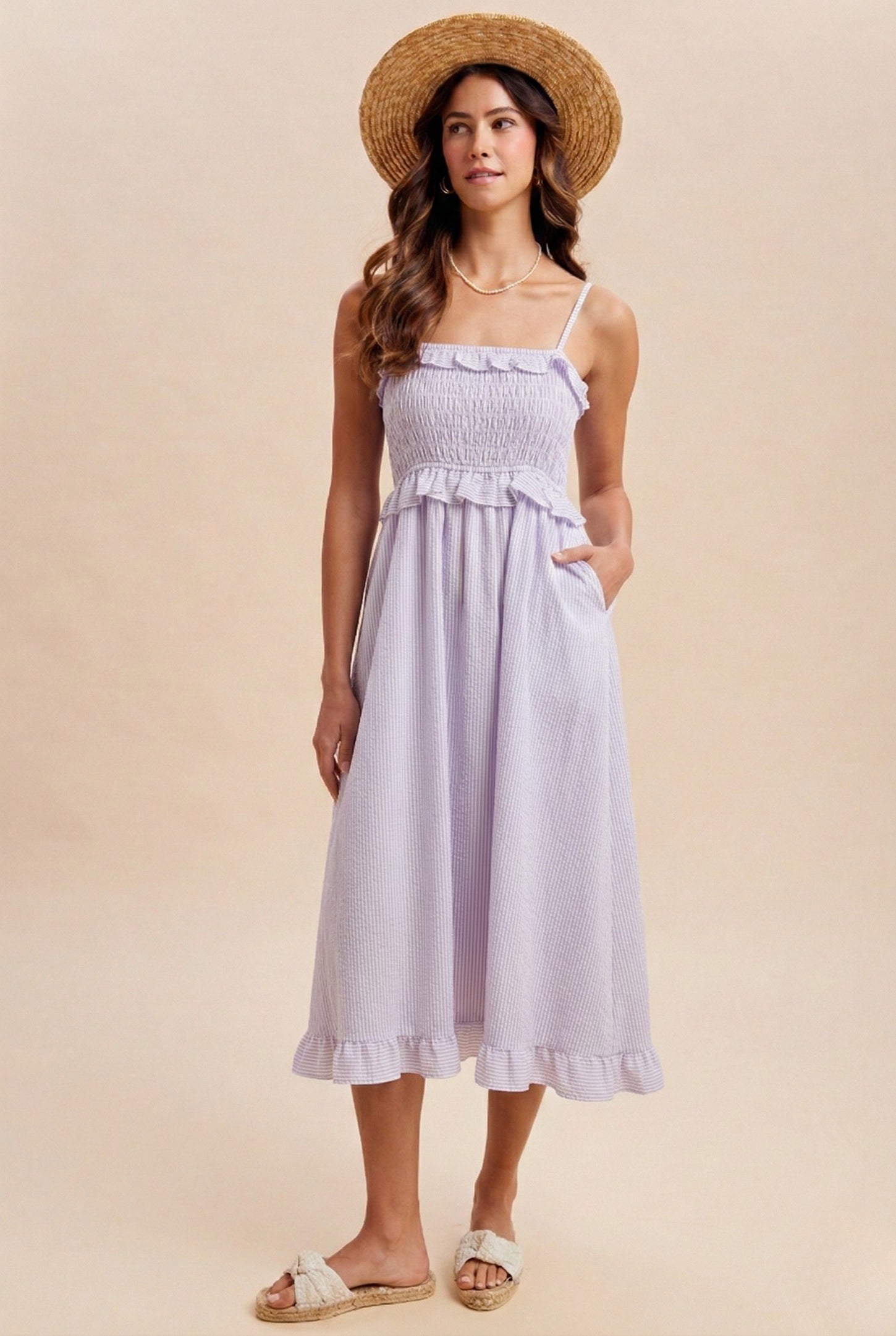 Lavender Striped Smocked Ruffle Accent Midi Dress