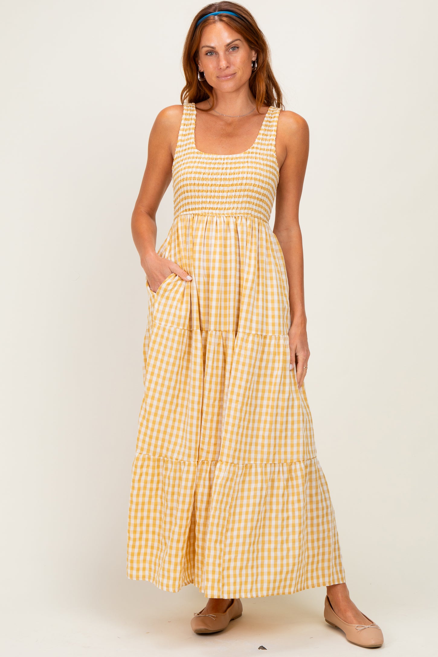 Yellow Gingham Sleeveless Tiered Maxi Dress