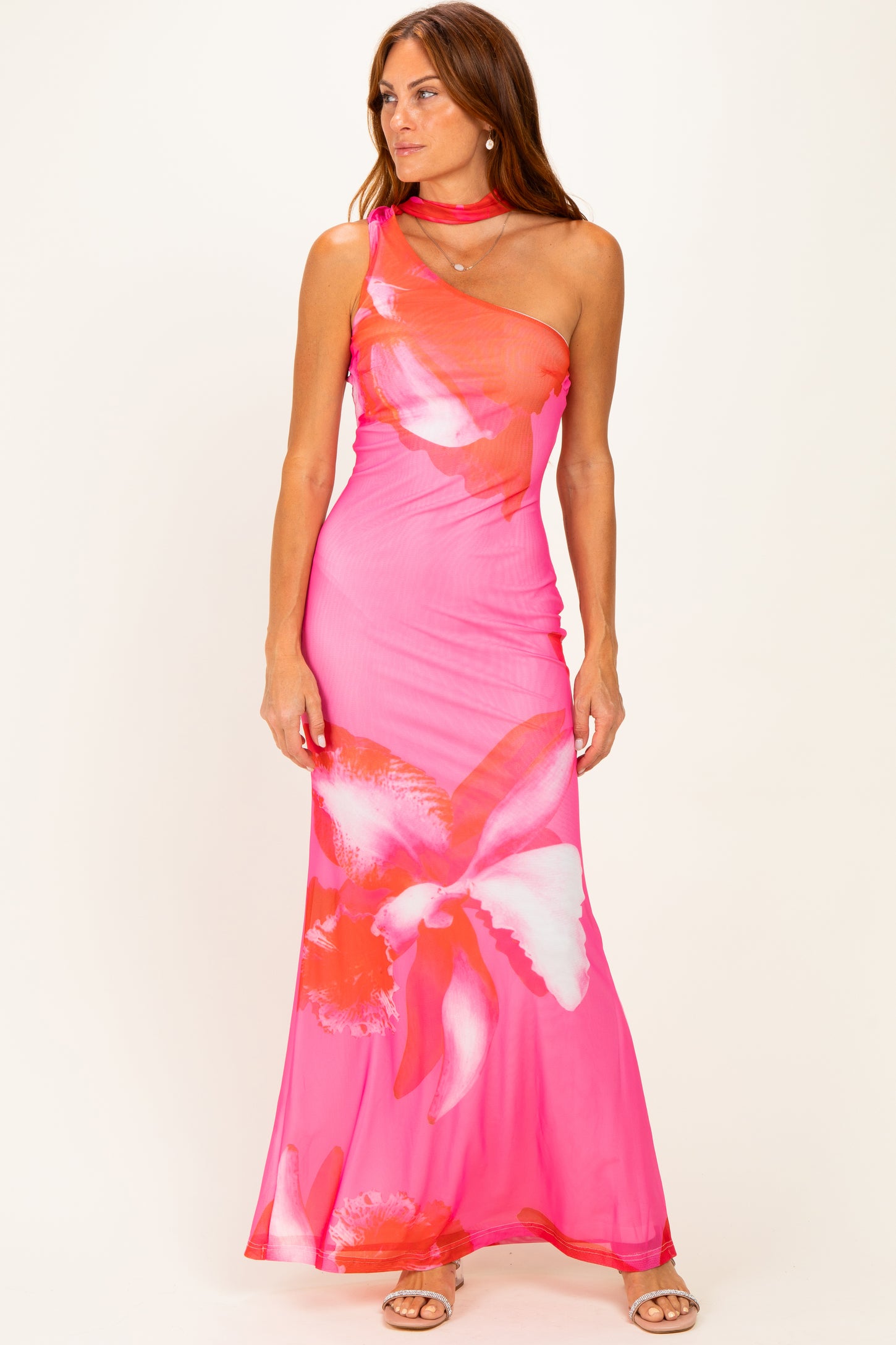 Pink Floral Neck Scarf Maternity Maxi Dress