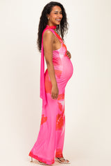 Pink Floral Neck Scarf Maternity Maxi Dress