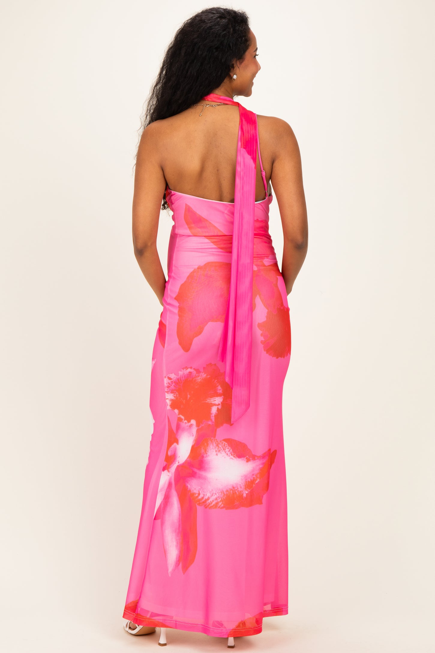 Pink Floral Neck Scarf Maternity Maxi Dress