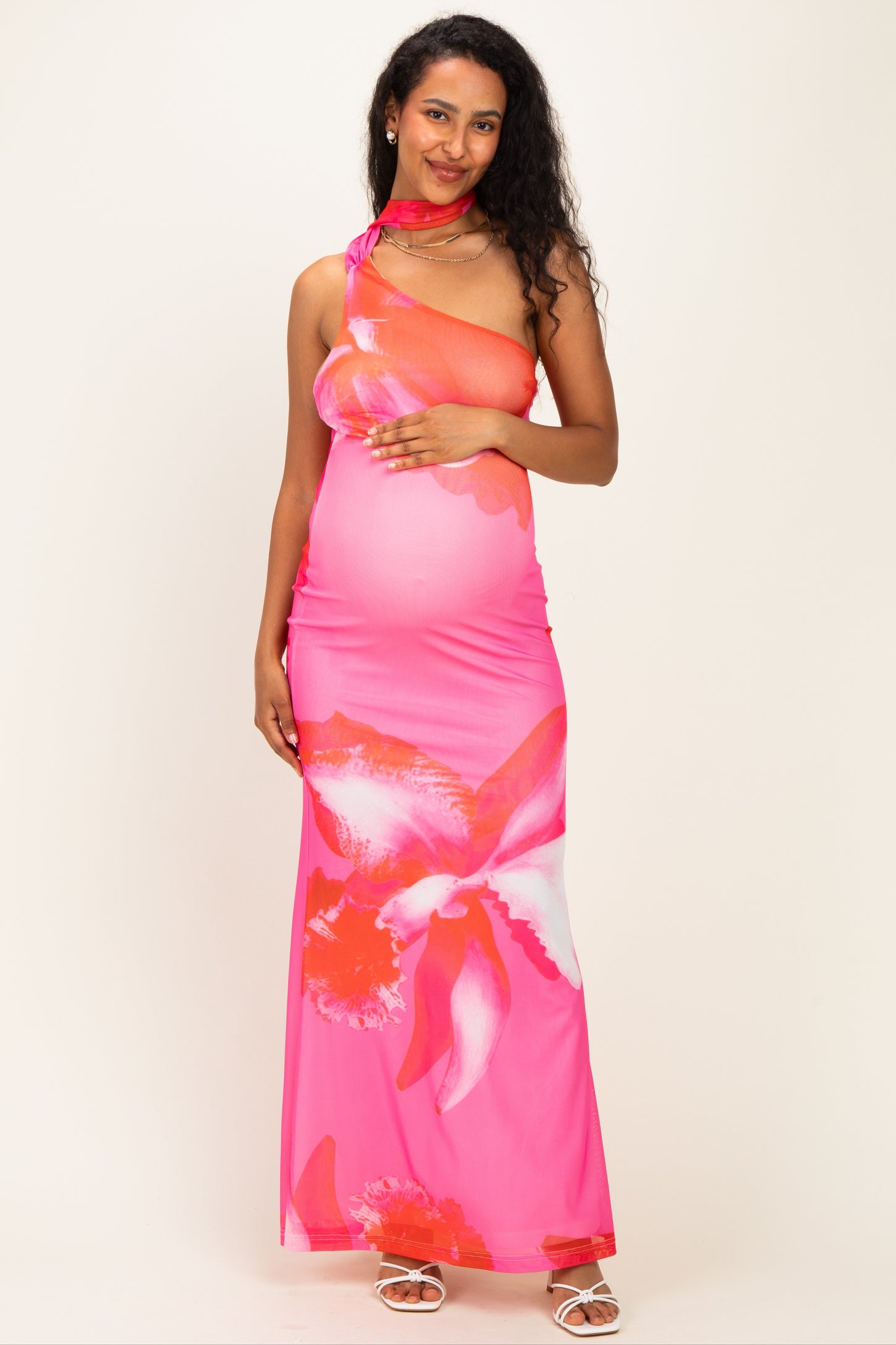 Pink Floral Neck Scarf Maternity Maxi Dress